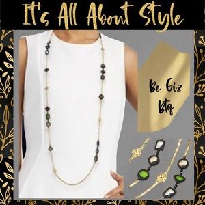 Tory Burch Authentic Roxanne Delicate Long Chain Necklace Black Resin & Glass